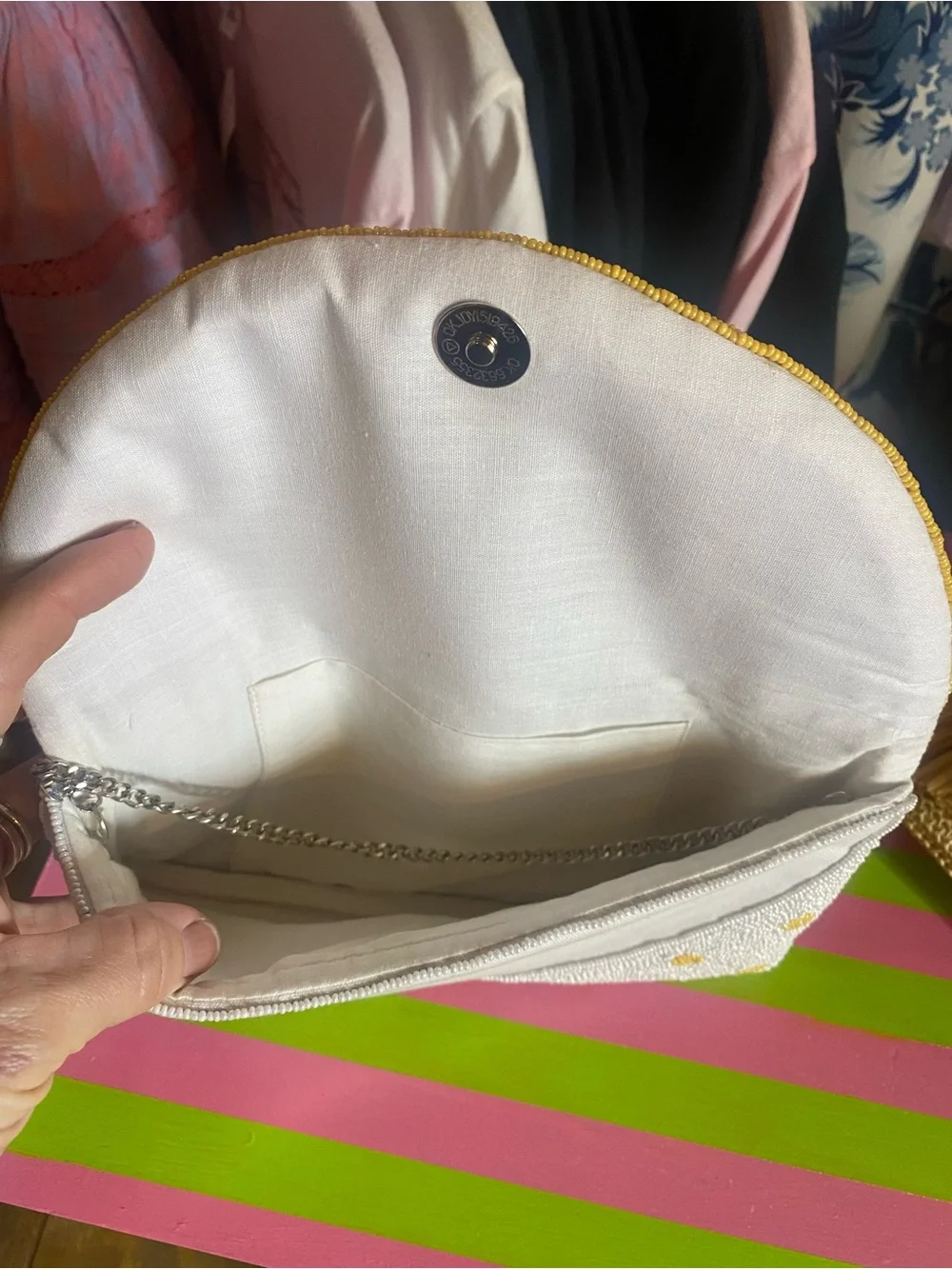 White and Yellow Beaded Floral Clutch with Chain Strap
